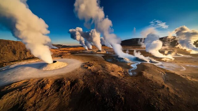 Geothermal area landscape with smoking fumaroles in brown field under blue sky and sun glow, aerial view