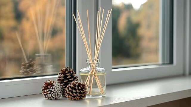 A beautiful diffuser sits on a windowsill accompanied by pine cones, highlighting a serene autumn view outside