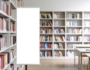 Blank banner stand in a library setting ready for custom messaging and announcements