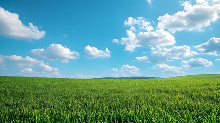 A large field of green grass with a few clouds in the sky. The sky is blue and the clouds are scattered throughout