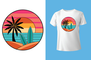 Beach Getaway T-Shirt Illustration – Sea Breeze and Sand Design, Island Life Beach Shirt Design – Retro Tropical Vector Artwork, Surf Life Beach T-Shirt Design – Retro Tropical Illustration.