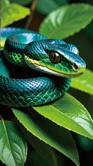 Fototapeta premium Close-up of a vibrant green snake with shiny textured scales and piercing golden eyes, coiled calmly on lush green tropical leaves in natural jungle environment