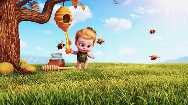 A baby dressed in a tiny camouflage outfit stands in a bright, cheerful meadow, reaching out curiously to touch a large, golden honeycomb attached to an old, textured tree