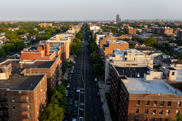 Fototapeta premium Cityscape from above with bustling streets and towering skyscrapers.