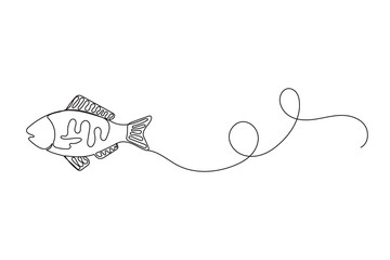 Line Art Fish Animal. One Continuous Outline Sea Underwater Mascot Silhouette. Fresh Marine Mediterranean Food Restraint Logo. Modern Wavy Sketch Stroke Contour Drawing Icon. 