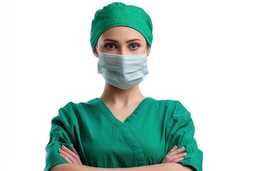 Surgeon in green scrubs mask and cap stands arms crossed against a white background