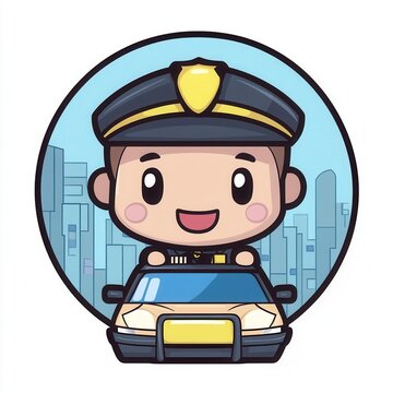 Cheerful cartoon police officer driving a car.