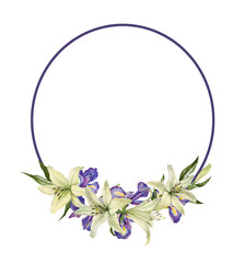 Circle floral frame with watercolor lily flowers. Delicate wreath for wedding decoration, card,  and print.