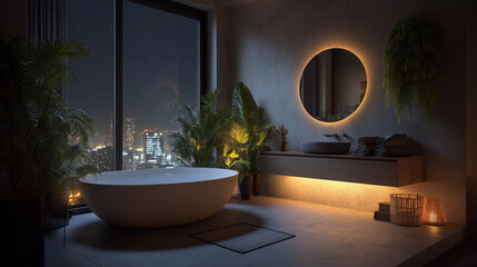 Fototapeta premium Urban Night Spa with Round Mirror and City Lights