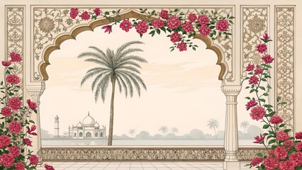 mughal ethnic pattern temple arch palm tree