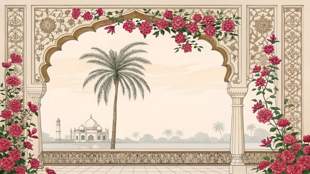 mughal ethnic pattern temple arch palm tree