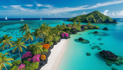 Obraz premium Aerial view of tropical island with white sand beach palm trees and turquoise ocean under blue sky