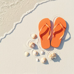 Flip flops on sand with seashells, top view summer flat lay