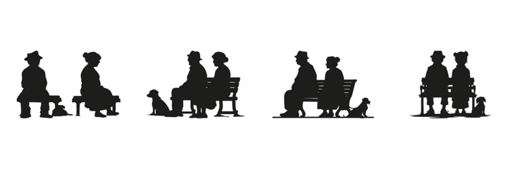 Elderly Couple And Dog Silhouettes On Bench Set. Senior Companionship And Leisure Symbol Collection. Social And Lifestyle Use. Isolated Vector Illustration