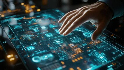 Futuristic interface, hand interacting with holographic data display