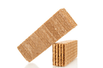 Several chocolate wafers, macro, isolated on white background.