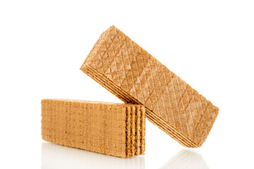 Several chocolate wafers, macro, isolated on white background.