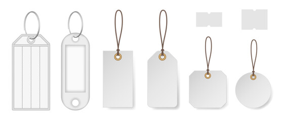 Set of white price tags and keyrings. Price stickers. Luggage tag. Cardboard label for clothes. Key tags with split ring and window. Keychains