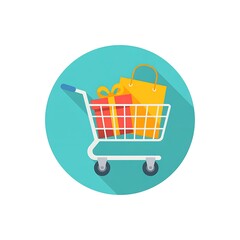 Flat Design Illustration Shopping Cart with Gifts and Bags