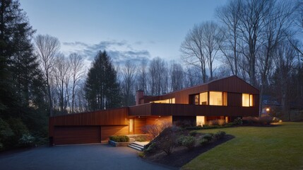 Obraz premium Modern reddish-brown house with large windows nestled in a serene wooded area, featuring a garage and driveway, surrounded by a neatly trimmed lawn, low shrubs, and tall trees, blending harmoniously w