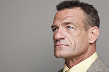 Fototapeta premium portrait of private detective positioned on right side of frame displaying wary expression