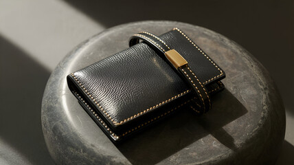A black leather wallet with contrasting stitching and a black strap with a gold button adds elegance to a dark surface. The lighting highlights the leather's texture and craftsmanship.