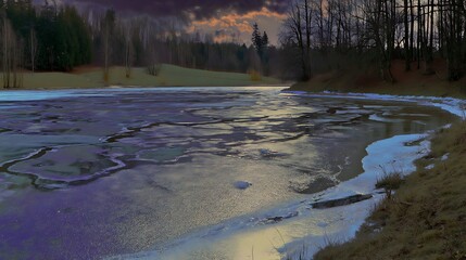 Frozen lake in the fading light