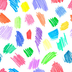 seamless endless pattern on a white background, set of strokes with colored pencils, all the colors of the rainbow