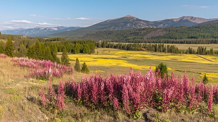Yellow meadow with mountains and pink flowers