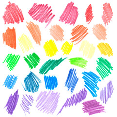 set of strokes with colored pencils on a white background - all the colors of the rainbow, red, orange, yellow, blue, green, purple