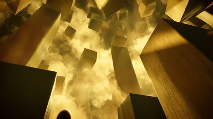 Golden cubes and pillars abstract composition