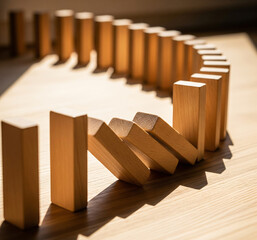 Business success concept with a falling row of wooden dominoes on a white background, illustrating the domino effect