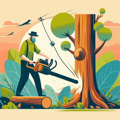 illustration of a person cutting a tree with a chainsaw