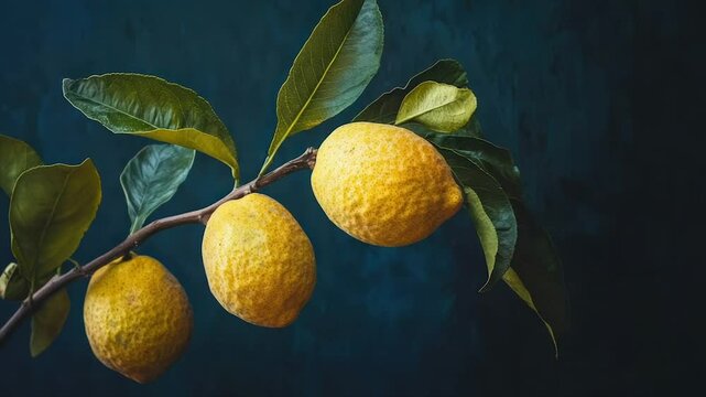 Three ripe lemons on a branch against a dark background