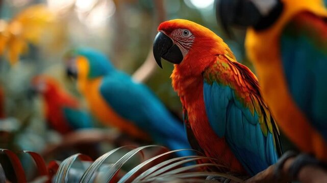 Colorful parrots in a lush environment