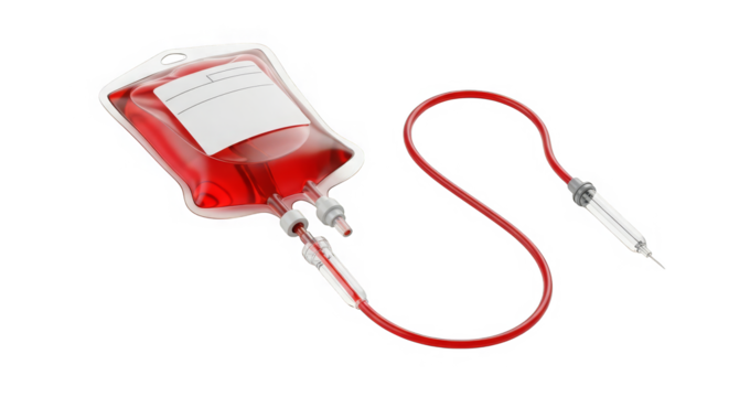 A blood bag with red liquid and an IV tube on a dark, abstract background in gigapixel resolution.