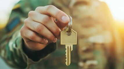 Army soldier hand in camouflage uniform holding house key. Military mortgage for armed forces, home loan, real estate for veteran concept