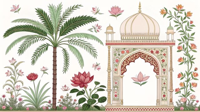 mughal ethnic pattern temple arch palm tree