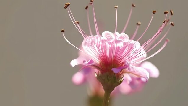 Timelapse of a nerine flower blooming in soft pink tones, with delicate filaments dancing in sunlight, creating an airy and elegant visual. Created with generated AI.