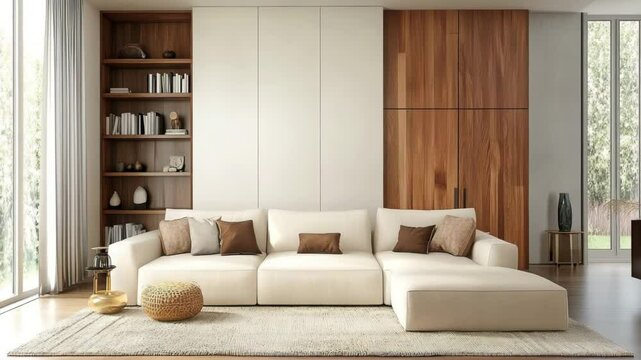 Modern living room with white sofa beside wooden door in Scandinavian style