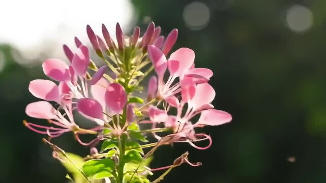Timelapse of a nerine flower blooming in soft pink tones, with delicate filaments dancing in sunlight, creating an airy and elegant visual. Created with generated AI.