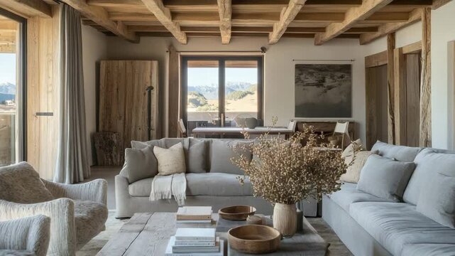 Modern living room with rustic interior design, featuring grey sofas and warm natural textures