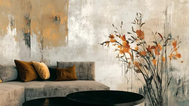 Modern loft interior featuring earthy tones, sectional sofa, sleek black table, and art on textured wall