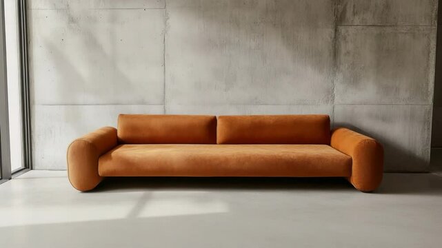 Modern loft interior featuring a terra cotta sofa and concrete wall in Japandi minimalist style