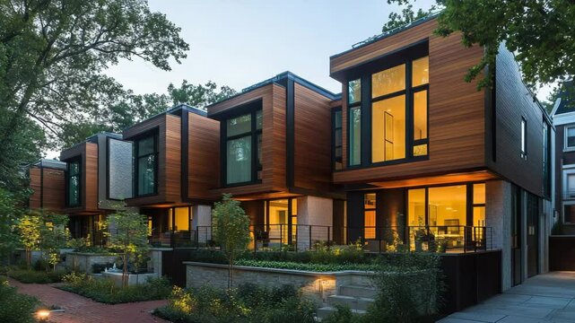 Modern residential architecture showcasing private modular townhouse exteriors