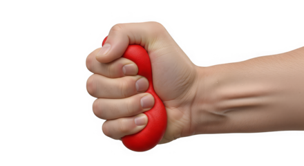 A clenched fist squeezes a vibrant red stress ball against a pixelated, abstract background.