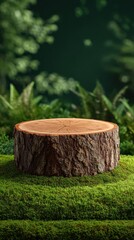 Wooden stump sits atop a bed of moss in a forest setting.