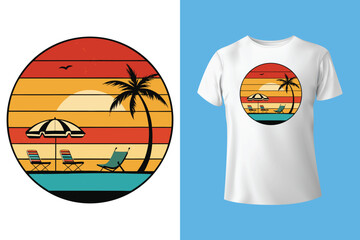 Colorful Summer Beach T-Shirt Design with Relaxing Coastal Scenery, Scenic Beach Landscape Vector for T-Shirts – Paradise Vibes, Ocean and Palm Trees Graphic Tee Design – Summer Holiday Style.