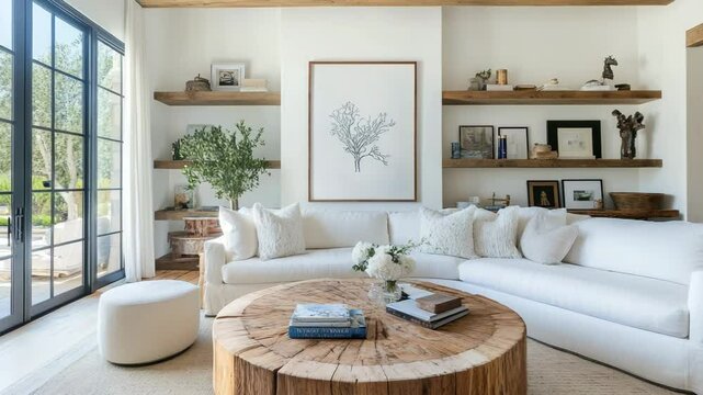 Rustic farmhouse living room with round wood coffee table, white sofa, shelves, and framed wall art