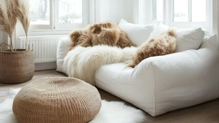 Scandinavian modern living room with white sofa, fur pillows, wool blanket, and wicker pouf creating a cozy winter vibe